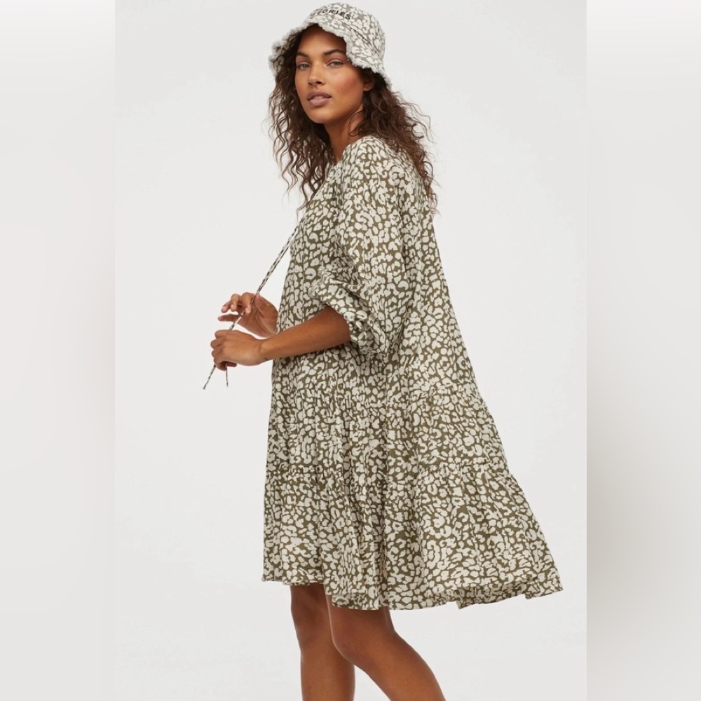 H&M x Love Stories Swimclub Green Ivory Cotton Tunic Dress Medium Loose Fit